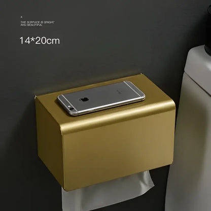 Modern brushed gold toilet paper holder with a sleek metallic finish and minimalist design wall-mounted paper holder
