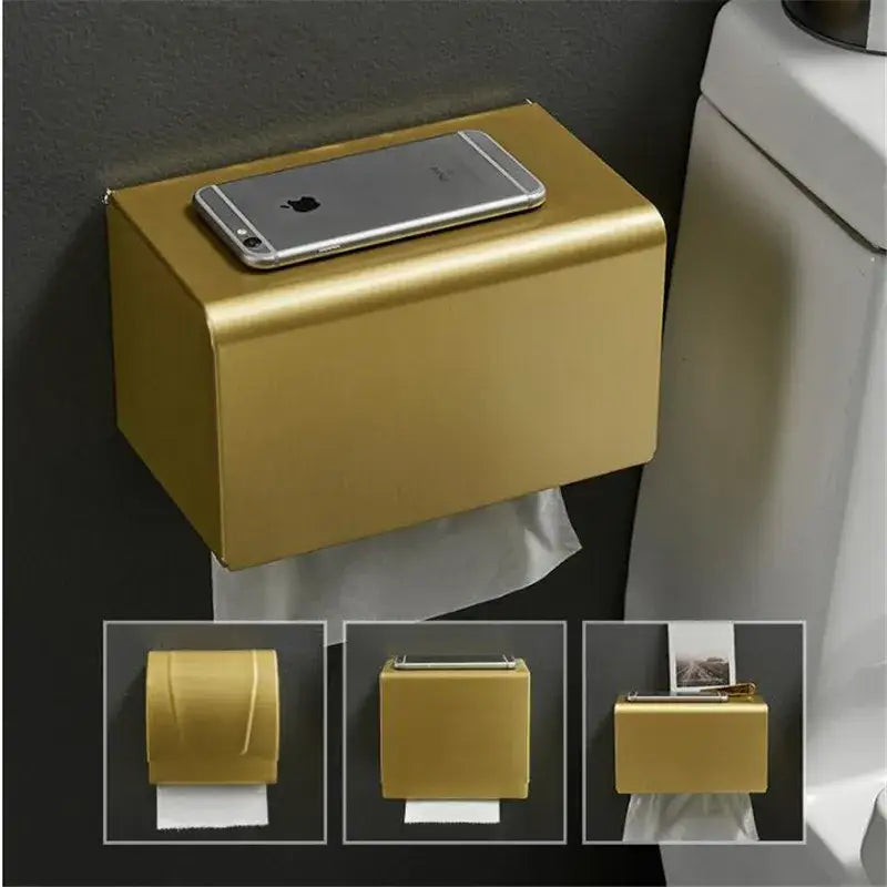 Modern brushed gold toilet paper holder with gold finish and minimalist edges for bathroom paper holder use