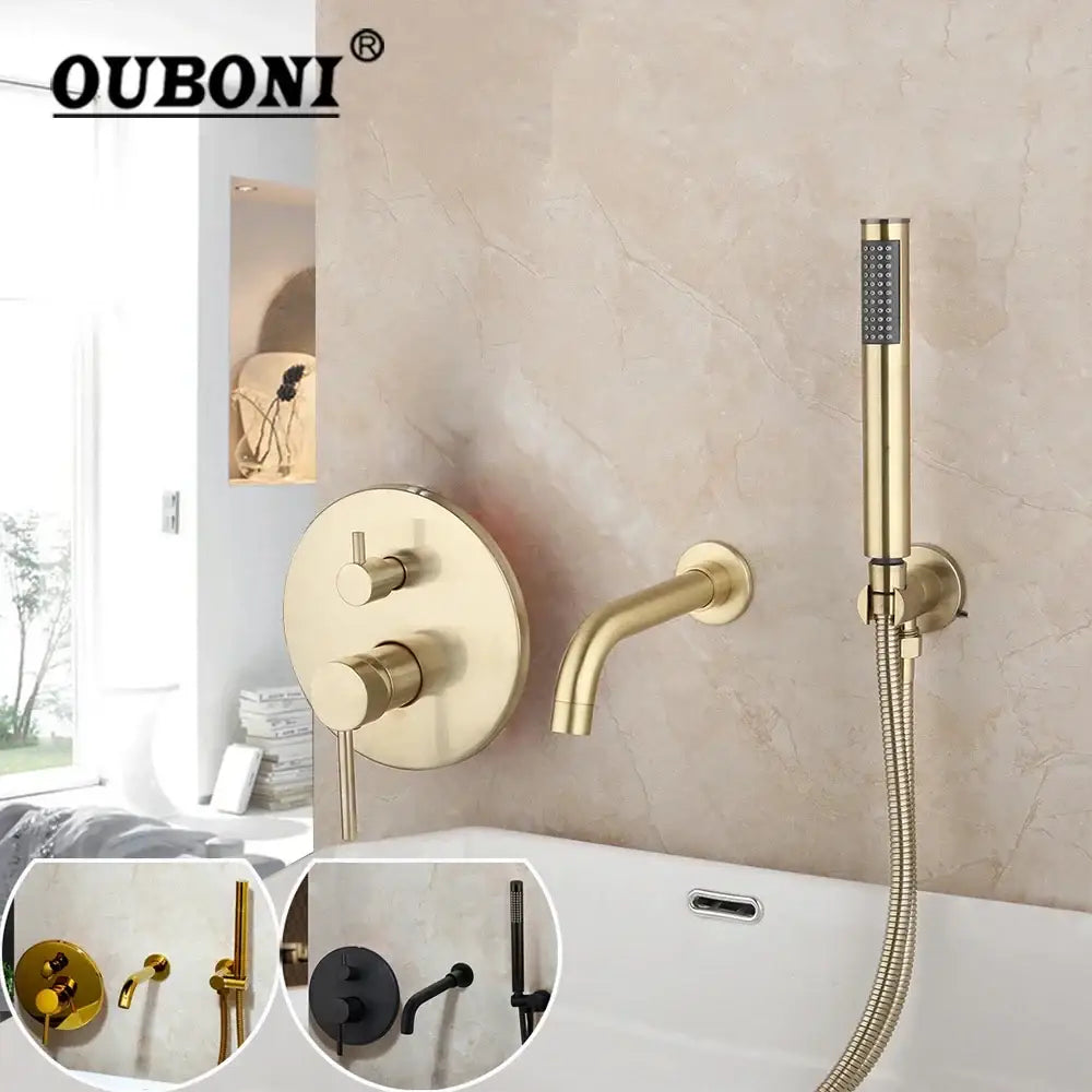Ouboni modern brushed gold brass-finished shower tub faucet set with circular control panel and handheld showerhead