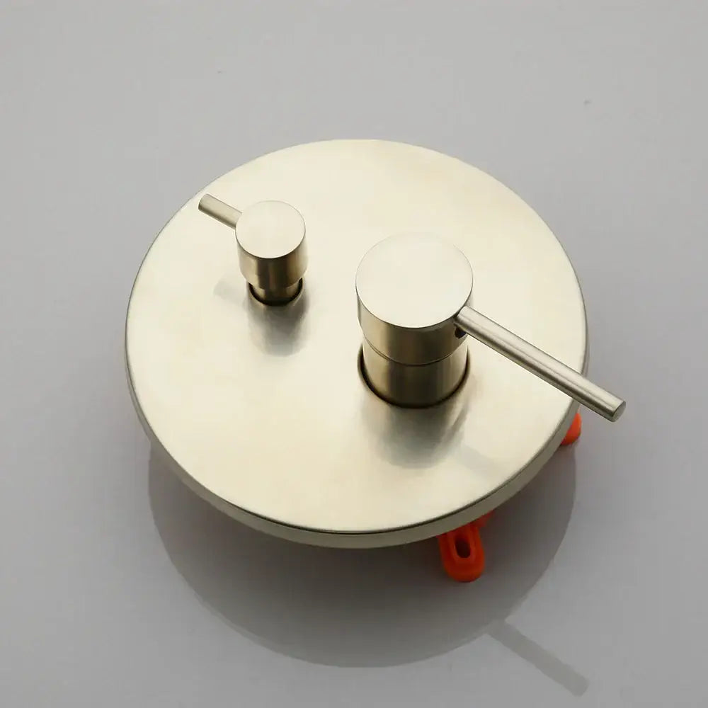 Modern brushed gold shower tub faucet with dual-handle brushed brass design and minimalist circular base