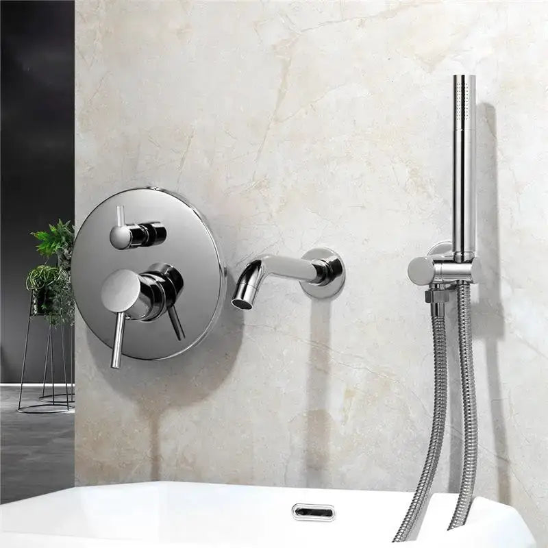 Modern brushed gold shower tub faucet with chrome finish circular control panel and handheld showerhead for bathroom use