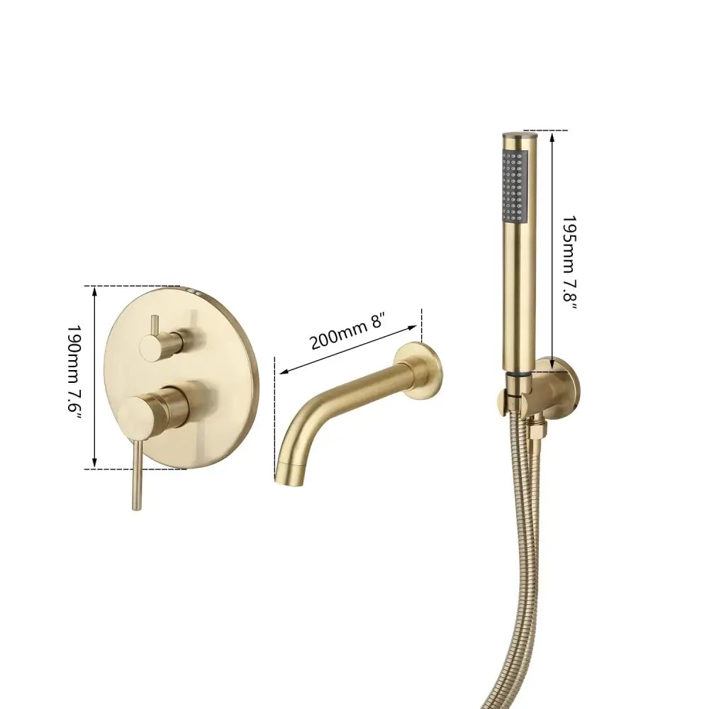 Modern brushed gold tub faucet with handheld shower bathroom mixer featuring a brass-finished shower tub faucet