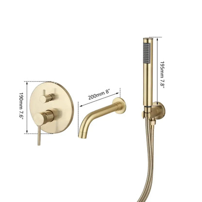 Modern brushed gold tub faucet with handheld shower bathroom mixer featuring a brass-finished shower tub faucet