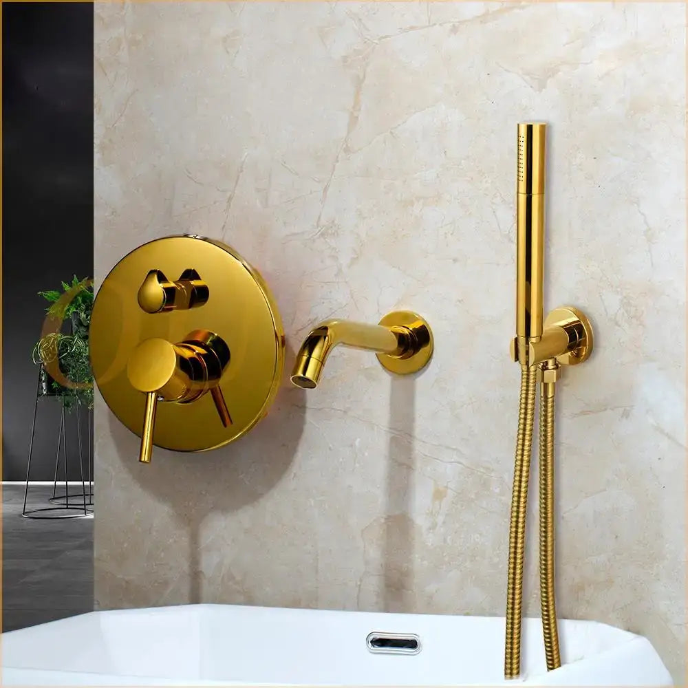 Modern brushed gold tub faucet with handheld shower bathroom mixer featuring a circular control panel shower tub faucet