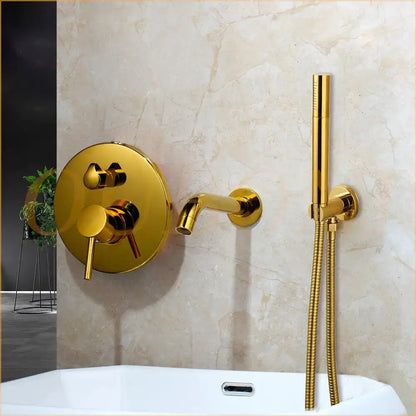 Modern brushed gold tub faucet with handheld shower bathroom mixer featuring a circular control panel shower tub faucet