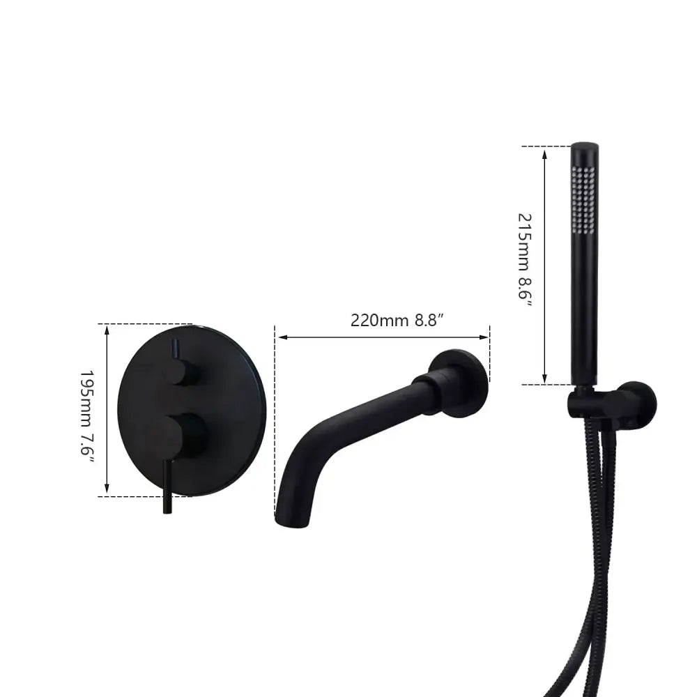 Modern black matte shower tub faucet set with wall-mounted control valve and handheld showerhead for bathroom use