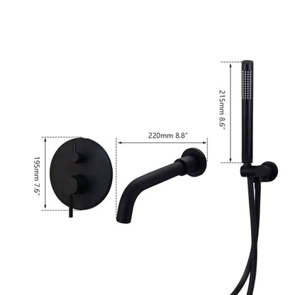 Modern black matte shower tub faucet set with wall-mounted control valve and handheld showerhead for bathroom use