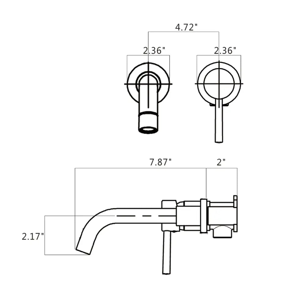 Modern chrome-finished wall mount bathroom faucet with a curved spout and cylindrical handle in a minimalist brushed gold brass design.