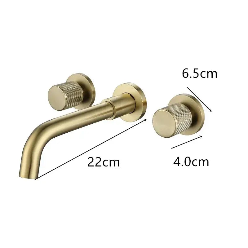 Brass-finished brushed gold wall mount faucet with textured circular knobs for modern bathroom fixture