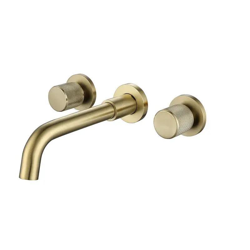 Brushed gold wall mount faucet with brass finish and textured round knobs for modern bathroom fixtures