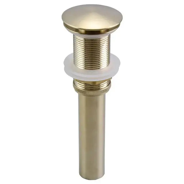 Brass-finished cylindrical bathroom sink drain with rounded top and threaded body for modern brushed gold faucet fixture