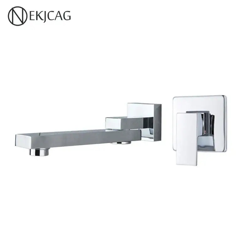 Modern wall mounted basin faucet with chrome finish and angular design paired with brushed gold rotating spout