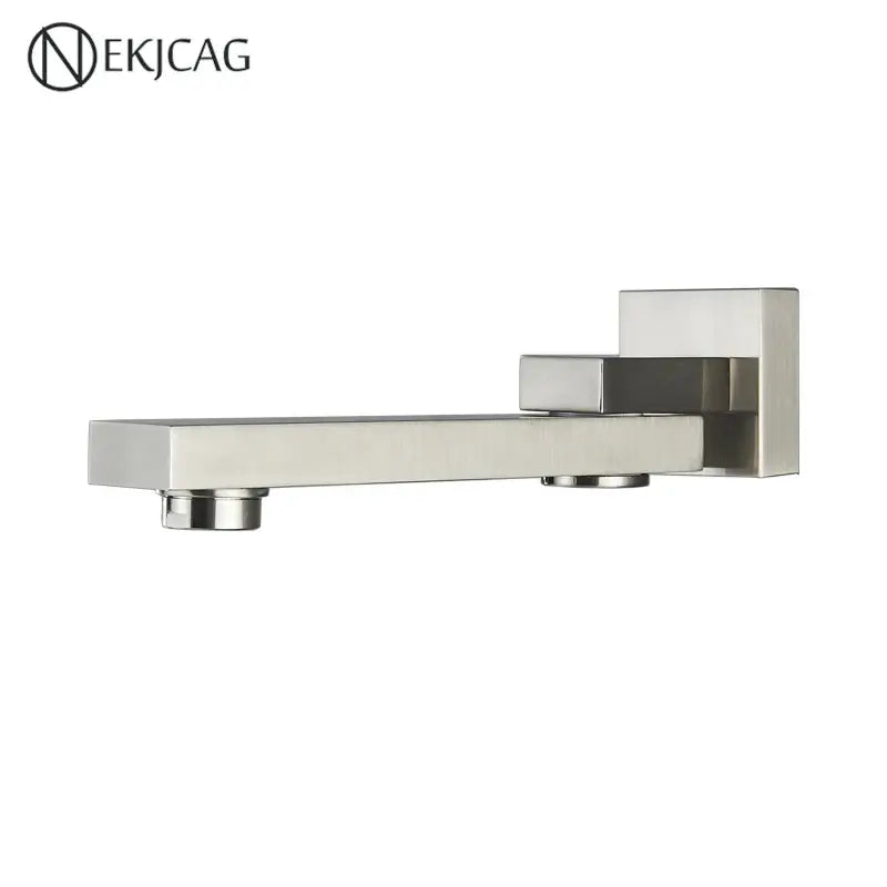 Modern brushed gold wall mounted basin faucet with a sleek geometric design and rotating square spout