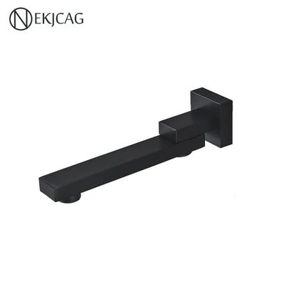 Black matte wall mounted shower faucet with modern angular design paired with brushed gold basin faucet mixer rotating spout