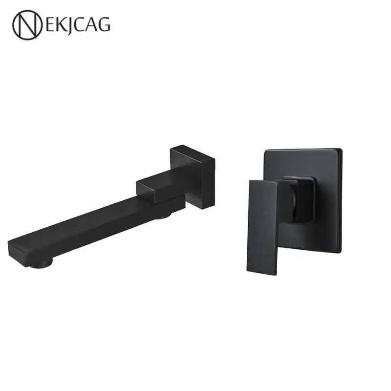 Black matte wall mounted basin faucet with square design and matching rectangular handle for modern bathroom use