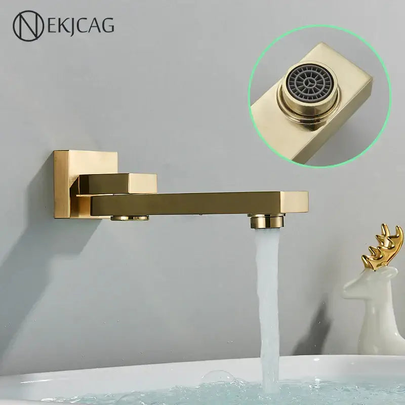 Modern brushed gold wall mounted basin faucet with rotating spout and flowing water stream for bathroom use