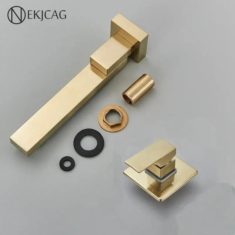 Modern brushed gold wall mounted basin faucet with rectangular design and square matching base and handle