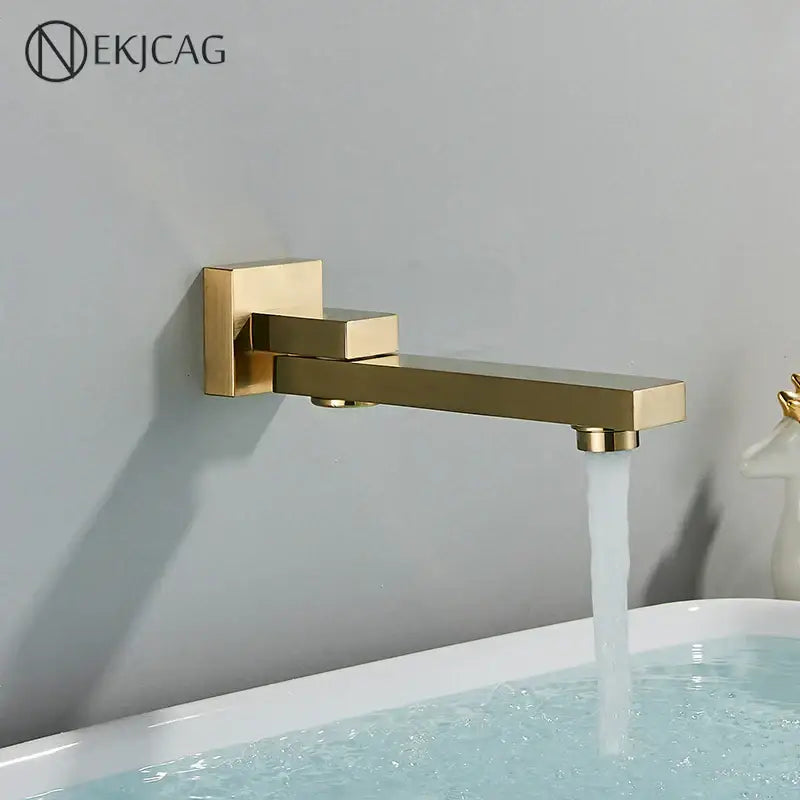 Modern brushed gold wall mounted basin faucet with a rectangular shape and sleek minimalist metal finish rotating spout