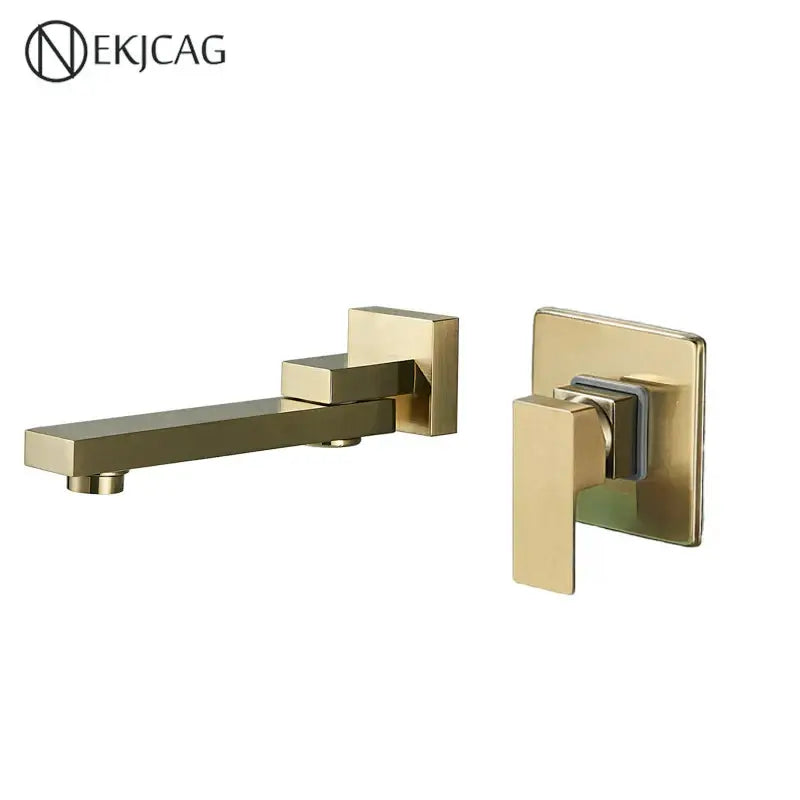 Modern brushed gold wall mounted basin faucet with a sleek rectangular spout and square handle for bathroom mixer