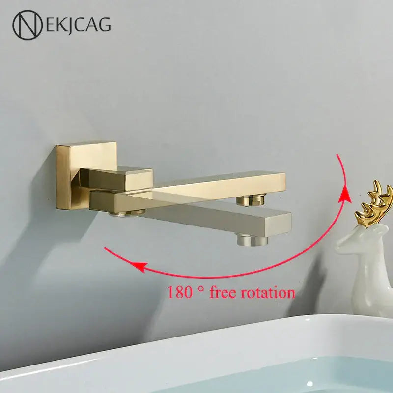 Modern brushed gold wall mounted basin faucet with sleek rectangular design and 180 degree rotating spout