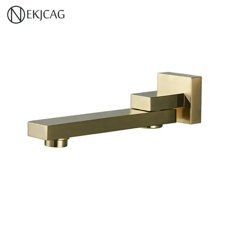 Modern brushed gold wall mounted basin faucet with a rectangular angular design and rotating spout in brushed metallic finish