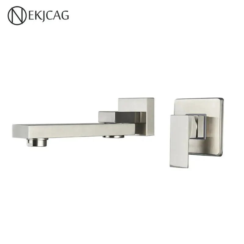 Modern brushed gold wall mounted basin faucet with sleek geometric design and square handle for bathroom use