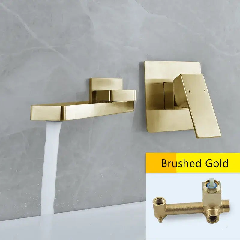 Modern brushed gold wall mounted basin faucet set with sleek rectangular spout and square handle for bathroom use
