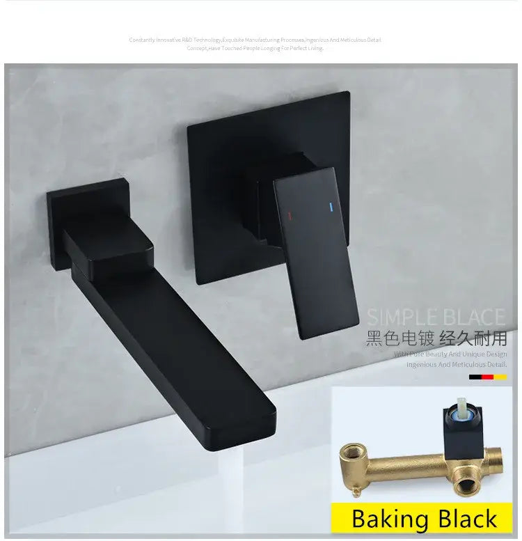 Black matte wall-mounted basin faucet set with sleek rectangular spout complements modern brushed gold bathroom mixer tap