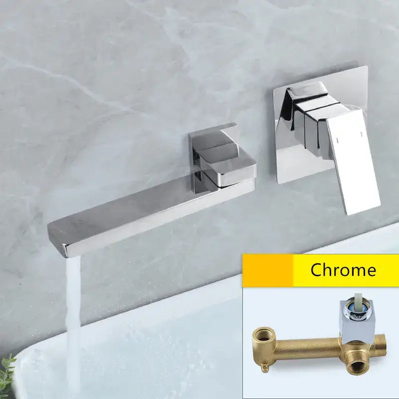 Modern chrome finished wall-mounted bathtub faucet with sleek rectangular spout and square handle for basin faucet set