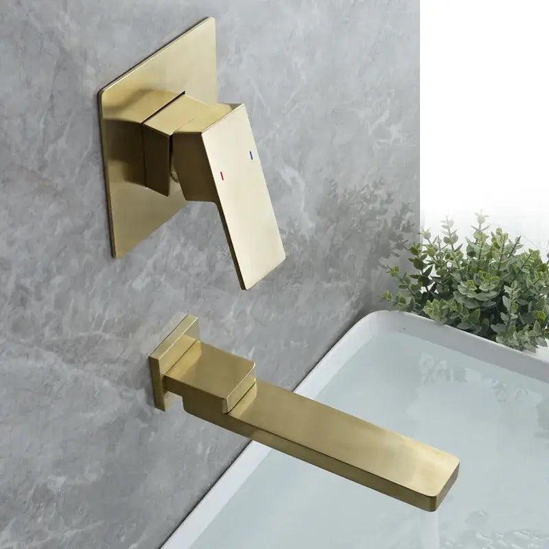 Modern brushed gold wall mounted basin faucet set with a sleek minimalist design in brushed gold finish