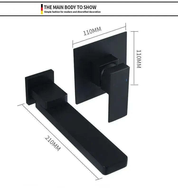 Modern brushed gold basin faucet set featuring a black matte finish with rectangular spout and wall-mounted handle