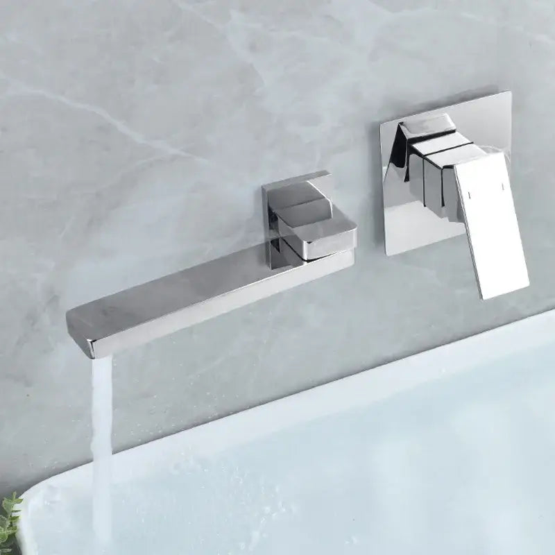Modern chrome-finished wall-mounted basin faucet set with sleek rectangular spout and square handles for bathroom use