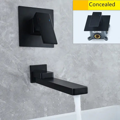 Modern black matte concealed wall-mounted bathtub faucet with sleek rectangular spout in brushed gold faucet set
