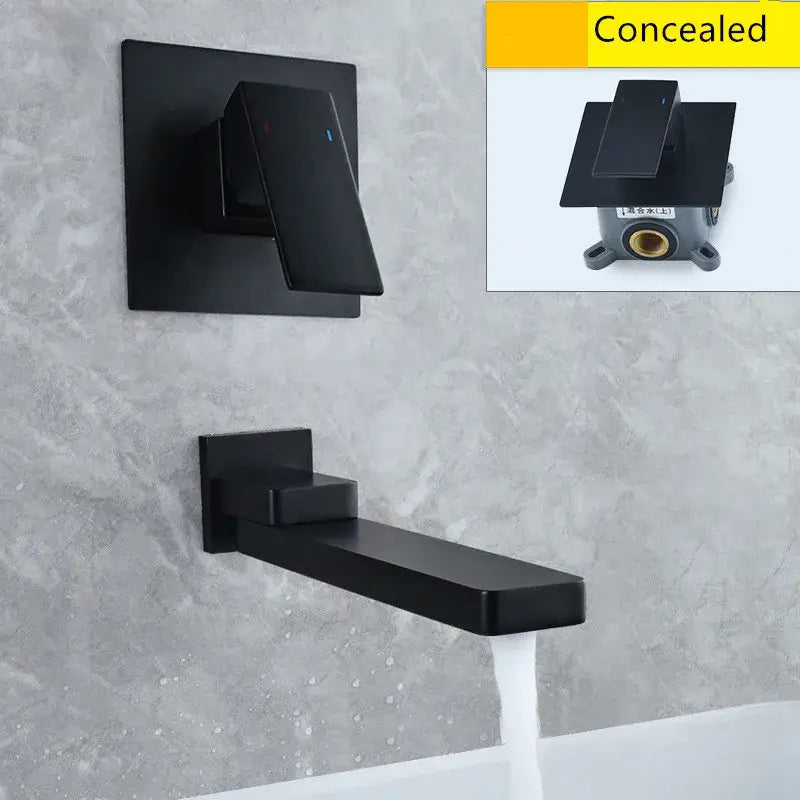 Modern black matte concealed wall-mounted bathtub faucet with sleek rectangular spout in brushed gold faucet set