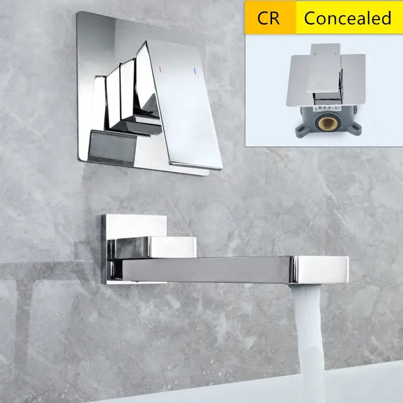 Modern chrome-finished concealed wall-mounted basin faucet set with sleek angular design and dual control handles for bathroom use