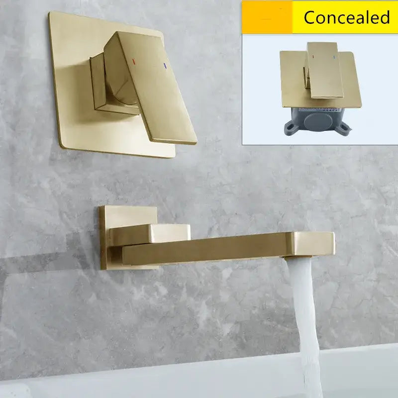 Modern brushed gold basin faucet set featuring a wall-mounted square-faceted design with concealed installation