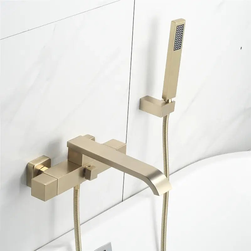Modern brushed gold wall mounted waterfall bathtub set with sleek geometric decorbites brushed gold faucet and showerhead