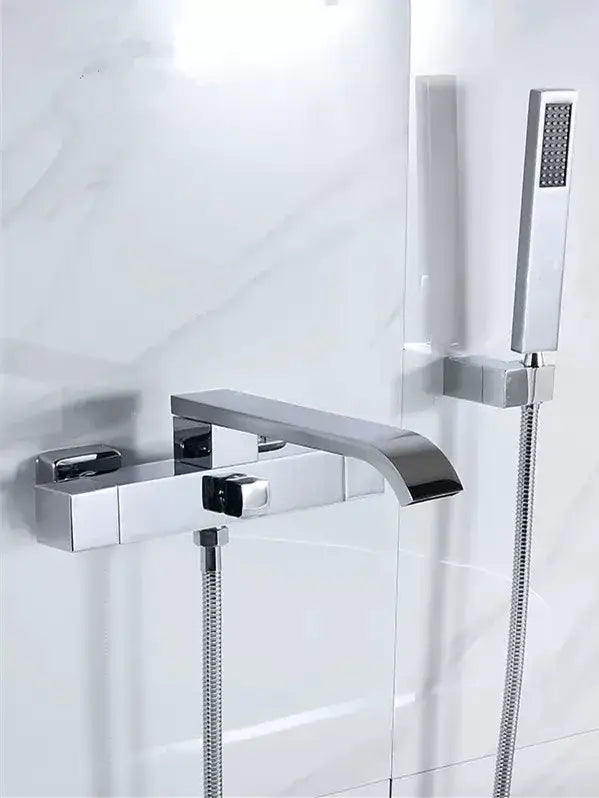 Modern chrome-finished bathtub faucet with sleek rectangular design and matching handheld for decorbites brushed gold wall mounted set