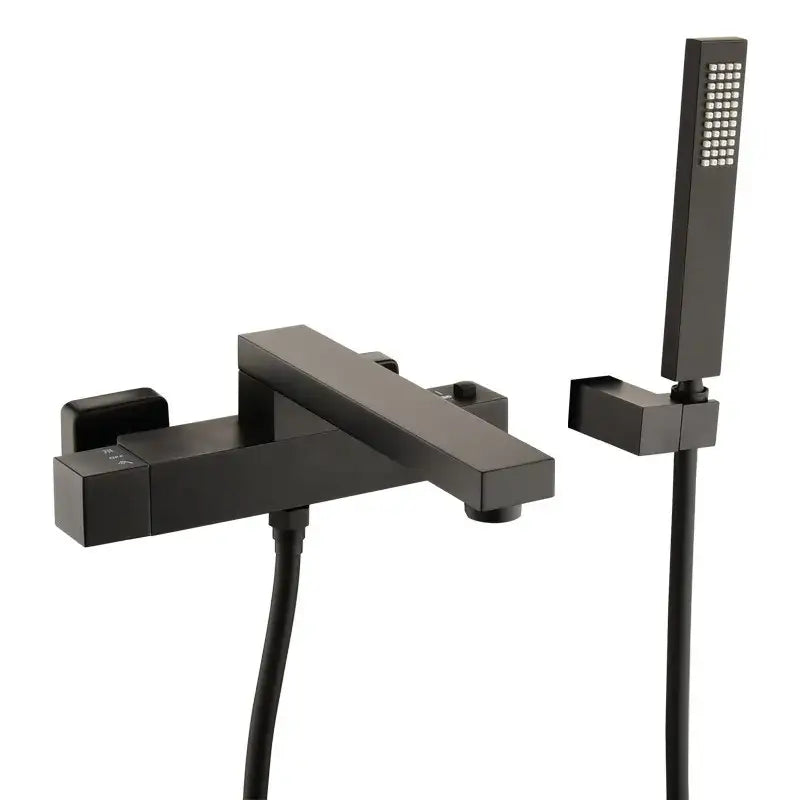 Modern matte black bathtub faucet with integrated showerhead complements decorbites brushed gold wall mounted set