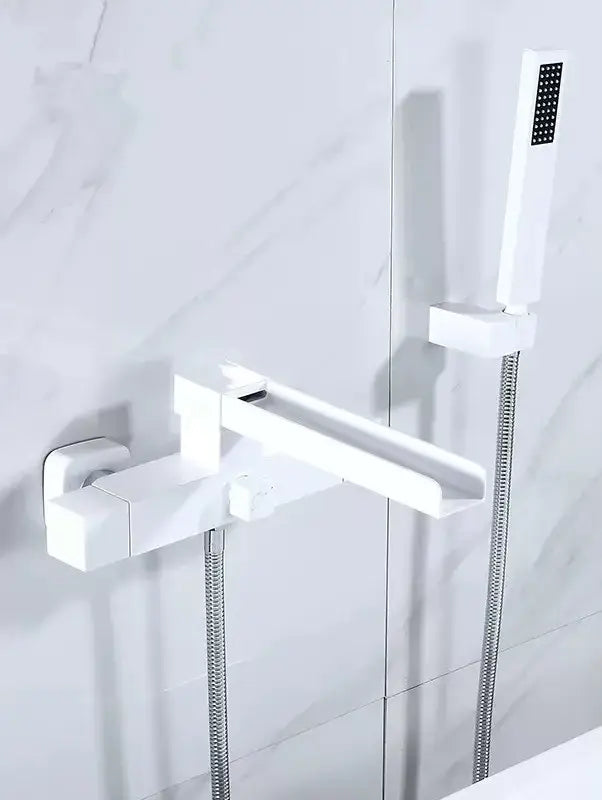 Modern brushed gold wall mounted waterfall bathtub set with sleek white faucet and matching handheld showerhead decorbites brushed gold