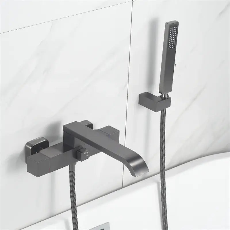 Modern matte black bathtub faucet with matching handheld paired with decorbites brushed gold wall mounted waterfall set
