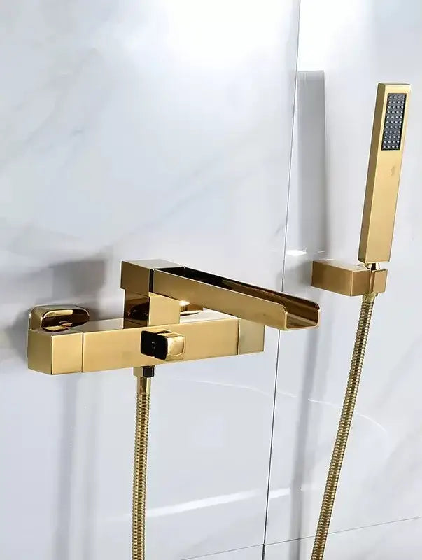 Modern brushed gold wall mounted waterfall bathtub set with decorbites brushed gold faucet and handheld showerhead