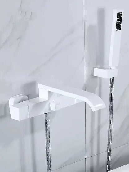 Modern brushed gold wall mounted waterfall bathtub set with white bathroom faucet and matching handheld showerhead decorbites brushed gold