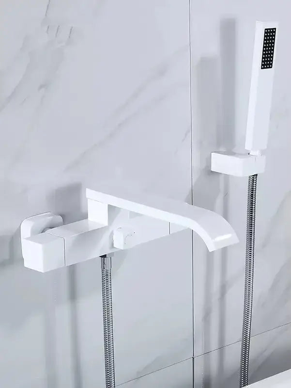 Modern brushed gold wall mounted waterfall bathtub set with white bathroom faucet and matching handheld showerhead decorbites brushed gold