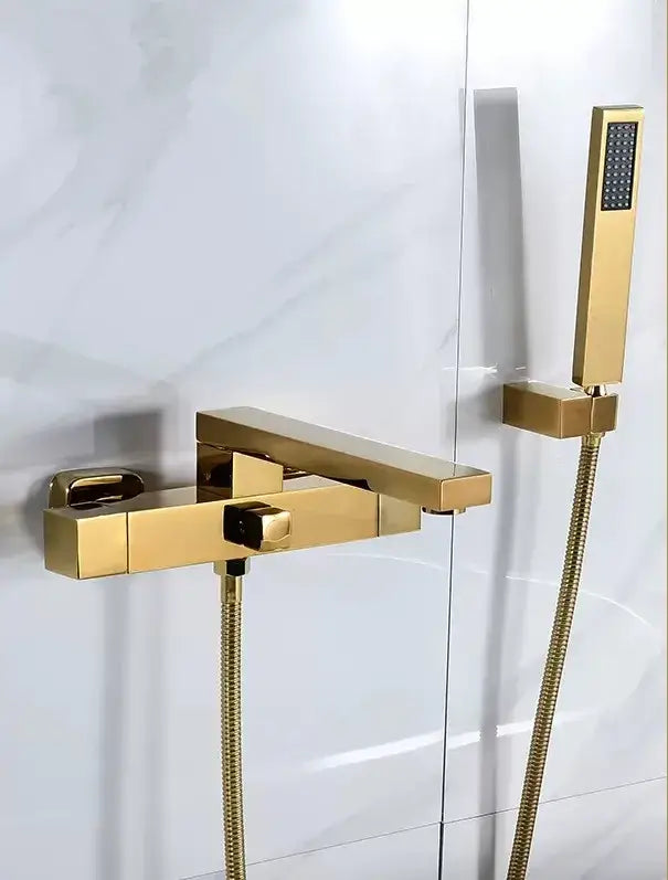 Modern brushed gold wall mounted waterfall bathtub set with gold wall mounted rectangular faucet and handheld showerhead