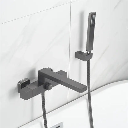 Modern matte black bathtub faucet with handheld paired with decorbites brushed gold wall mounted waterfall set