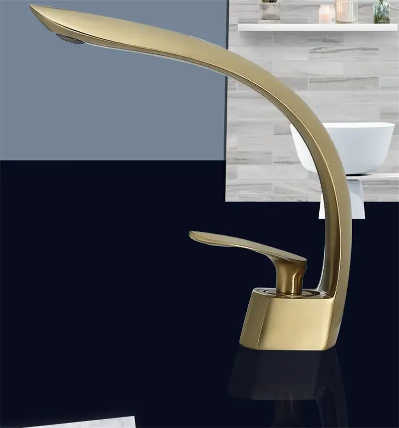 Grifo monomando para lavabo con mezclador de ducha tipo cascada en baño, acabado en oro cepillado moderno