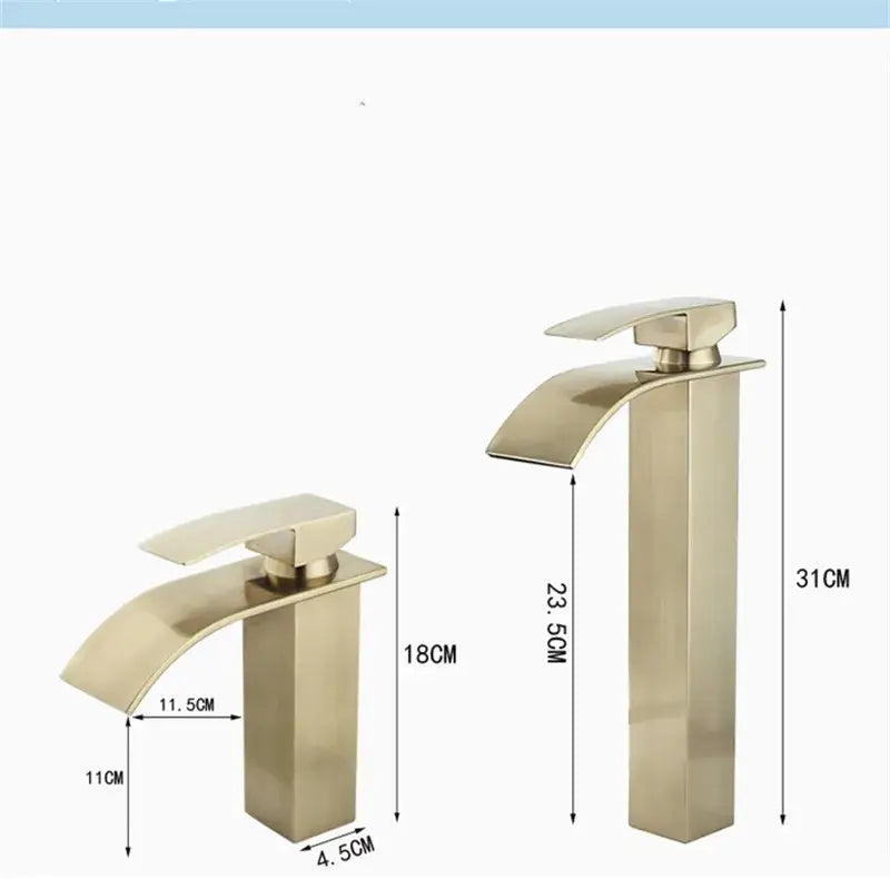 Modern brushed gold waterfall basin faucet with sleek rectangular base and curved spout by decorbites brushed gold