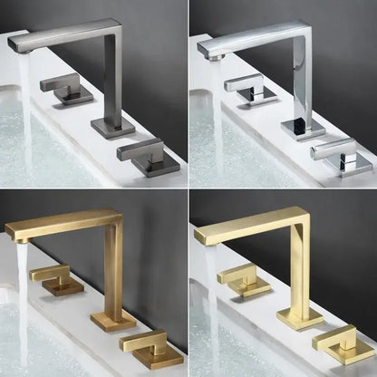 Modern brushed gold basin faucet set with rectangular waterfall spout and square base handles in nickel, chrome, and brass finishes