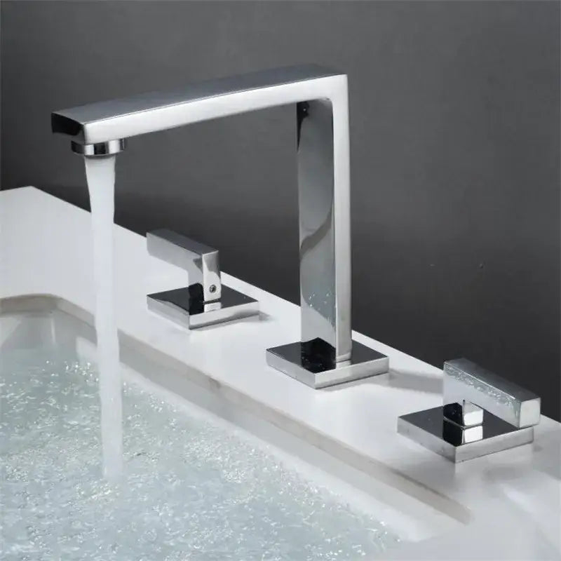 Modern chrome finished rectangular basin faucet with two square mounted handles for decorbites brushed gold bathroom sink fixture